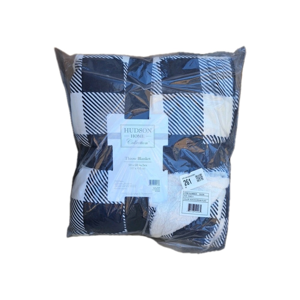 Hudson Home Collection Fleece Throw Blanket Buffalo Check Black & Cream 50 X 60"